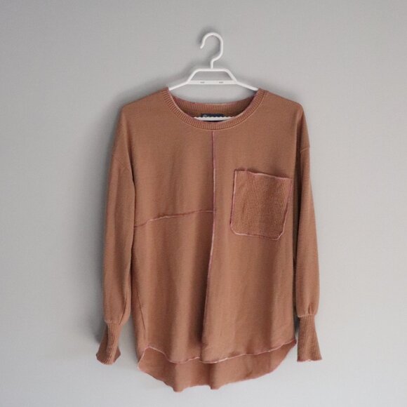 Democracy Brown Medium Lightweight Soft Pocket Ribbed Knit Pullover Sweater Top - Picture 1 of 12